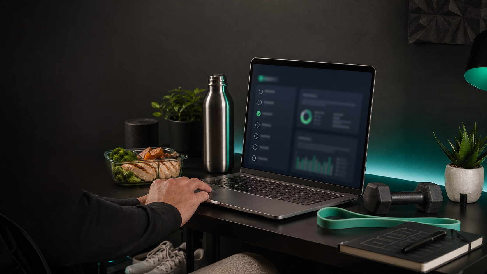 Faceless desk-worker desk with meal, habit tracker, walking shoes, resistance band, and dumbbells